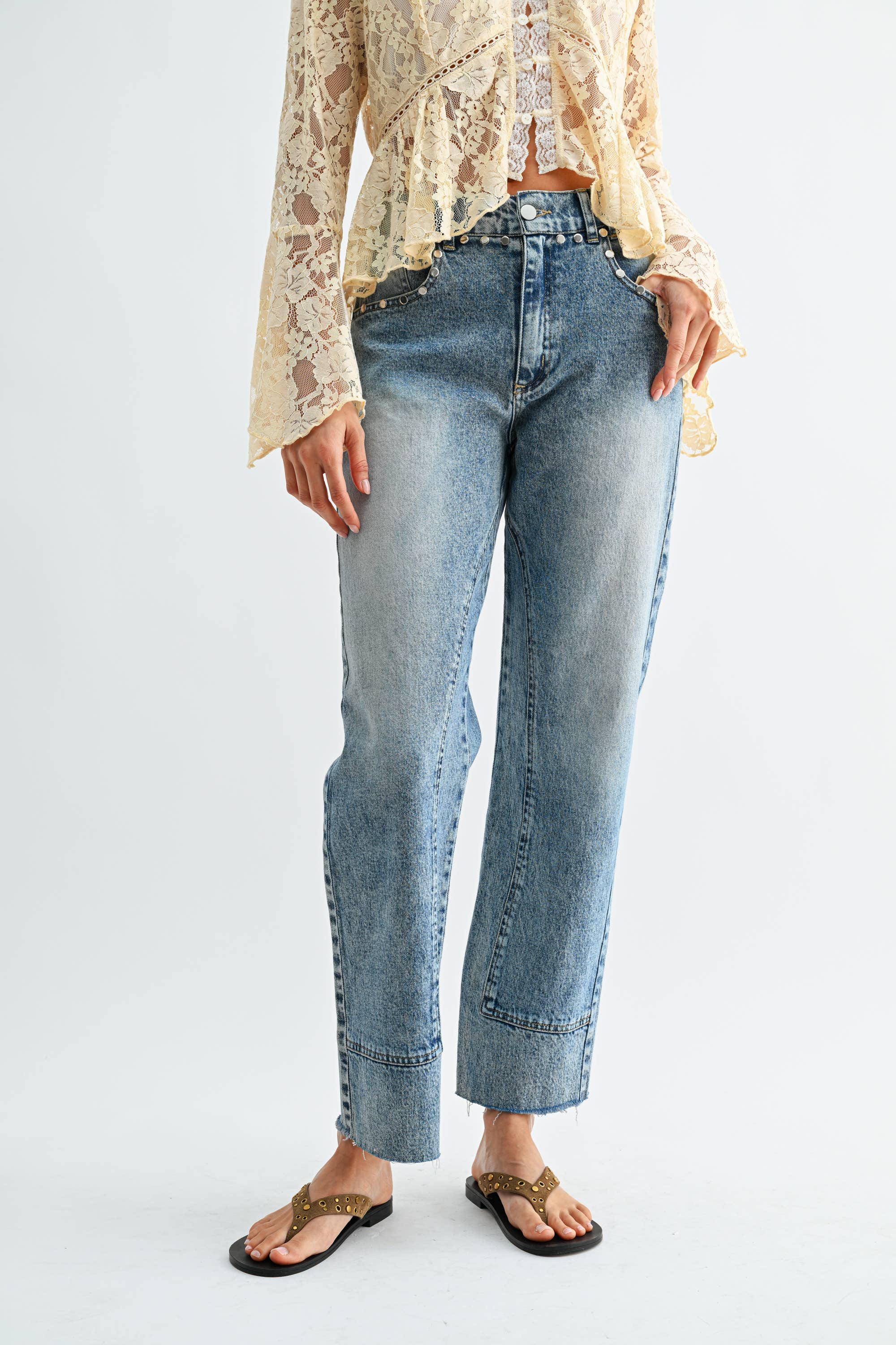 Studded High-Waist Straight-Leg Jeans