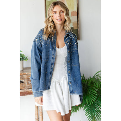 Rhinestone Detail Denim Shacket