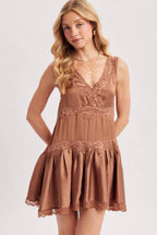 Satin Slip Babydoll Mini Dress – Lace Trim V-Neck