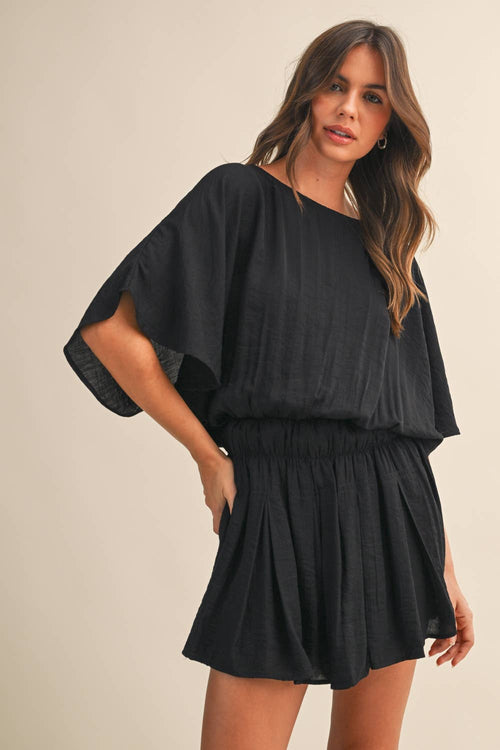 Black Crinkle Short Sleeve Romper