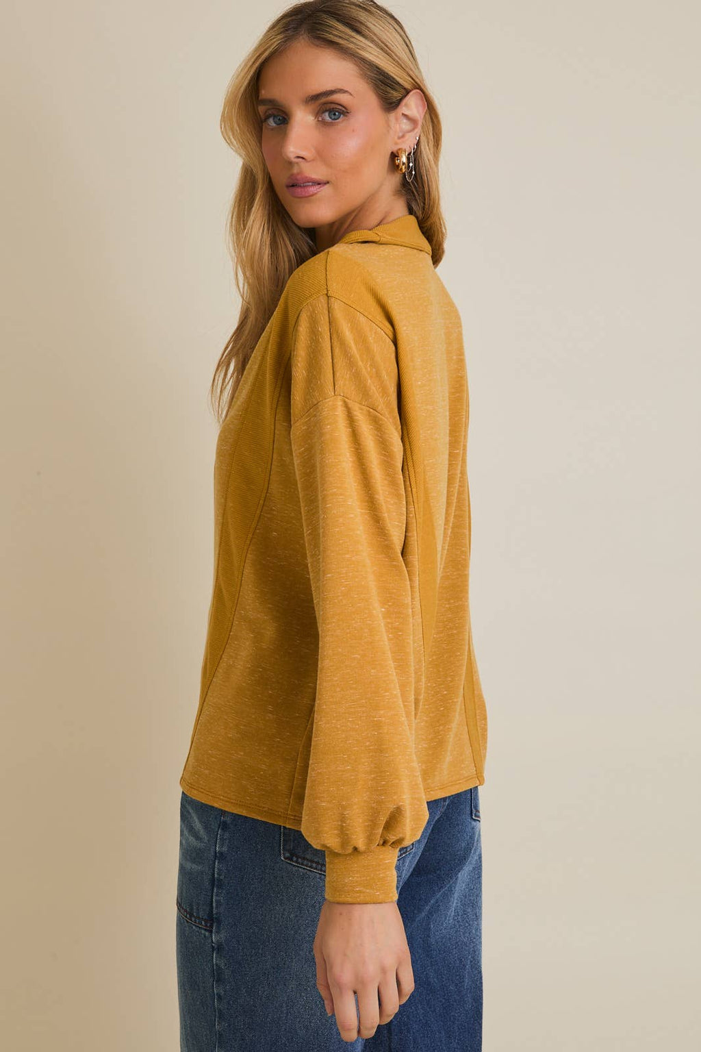 Long Sleeve Half Zip Reverse Fabric Contrast Top – Mustard