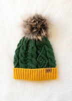 Green & Gold Trim Cable Knit Pom Hat