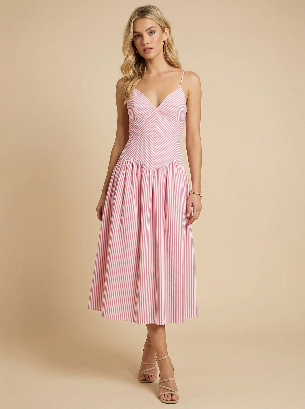 PINK Stripe V-Neck Fit & Flare Midi Dress | Midwest Muse S / PINK Stripe