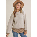 Country Road Layered Plaid Hem Twofer Sweater Top – Light Oatmeal
