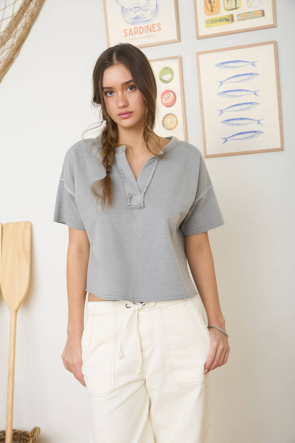 Washed Split Neck Raw Edge Knit Top