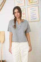 Washed Split Neck Raw Edge Knit Top