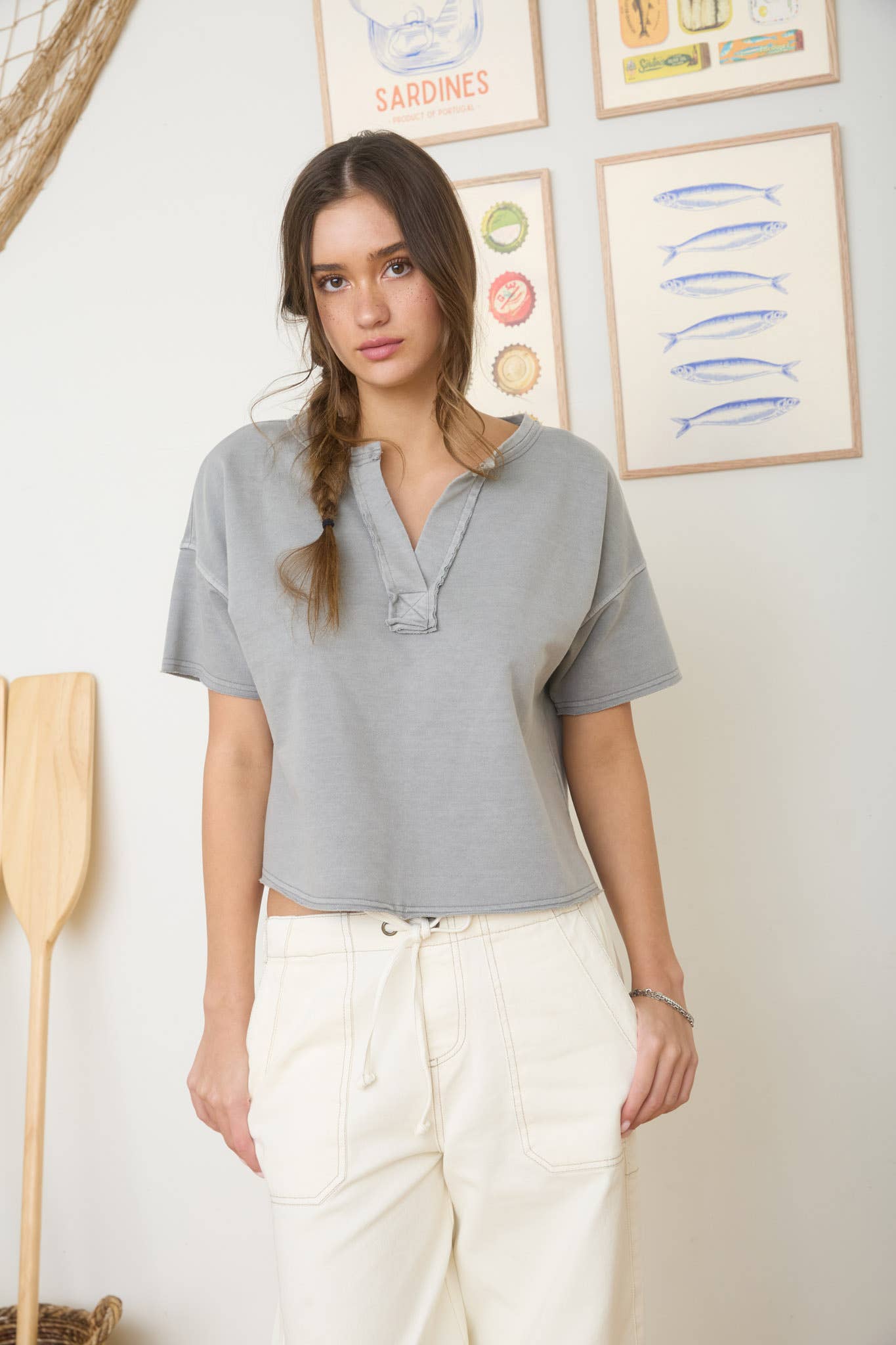 Washed Split Neck Raw Edge Knit Top