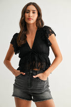 Black Lace Ruffled Semi-Sheer Blouse