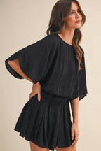 Black Crinkle Short Sleeve Romper