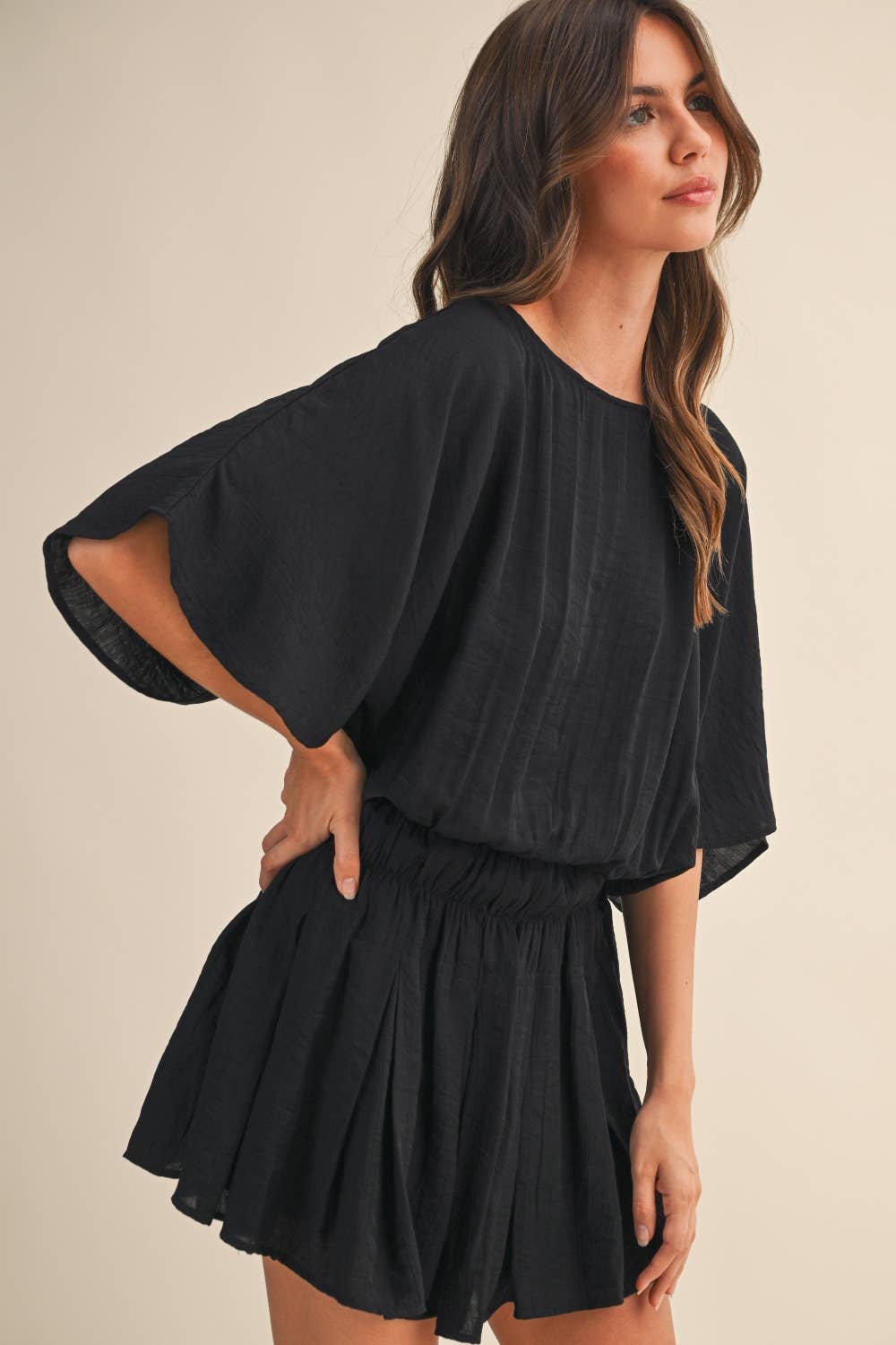 Black Crinkle Short Sleeve Romper