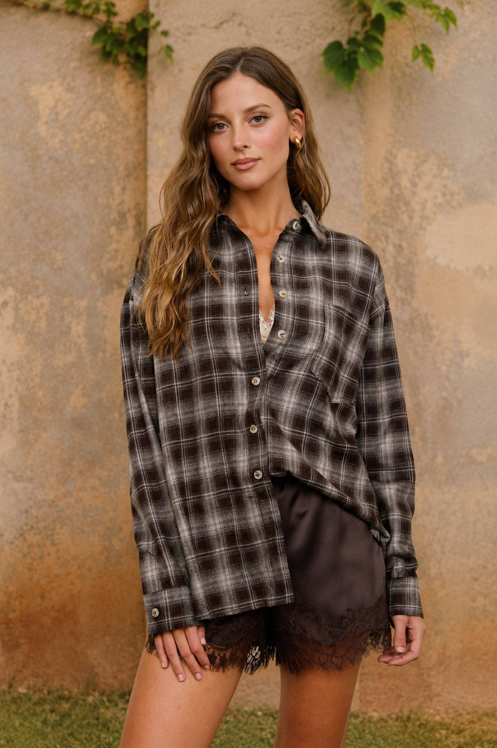 Plaid Collared Long Sleeve Button-Down Top – Chocolate Brown