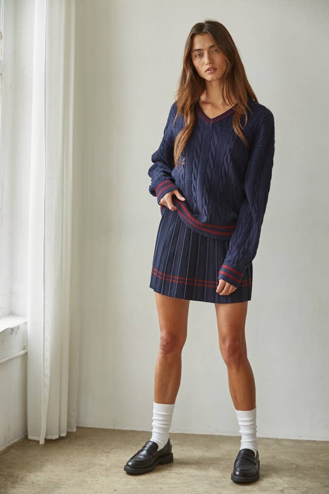 Knit Pleated Mini Skirt With Contrast Striped Hem