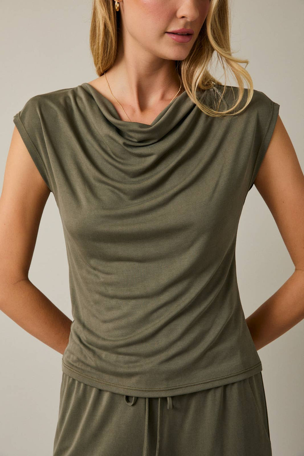 Cowl Neck Cap Sleeve Top - Draped Neckline Blouse