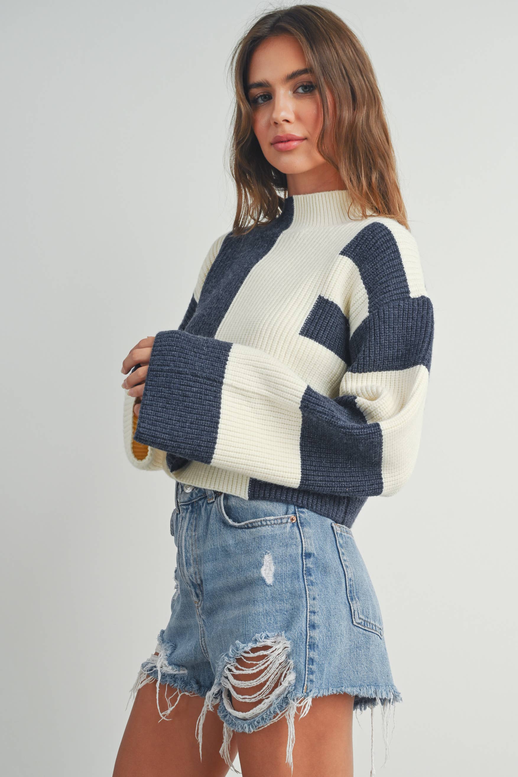 Color Block Mock Turtleneck Sweater