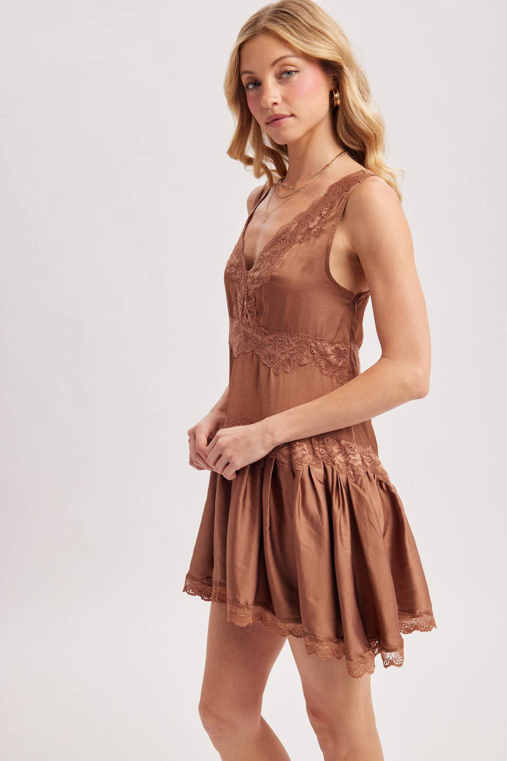 Satin Slip Babydoll Mini Dress – Lace Trim V-Neck