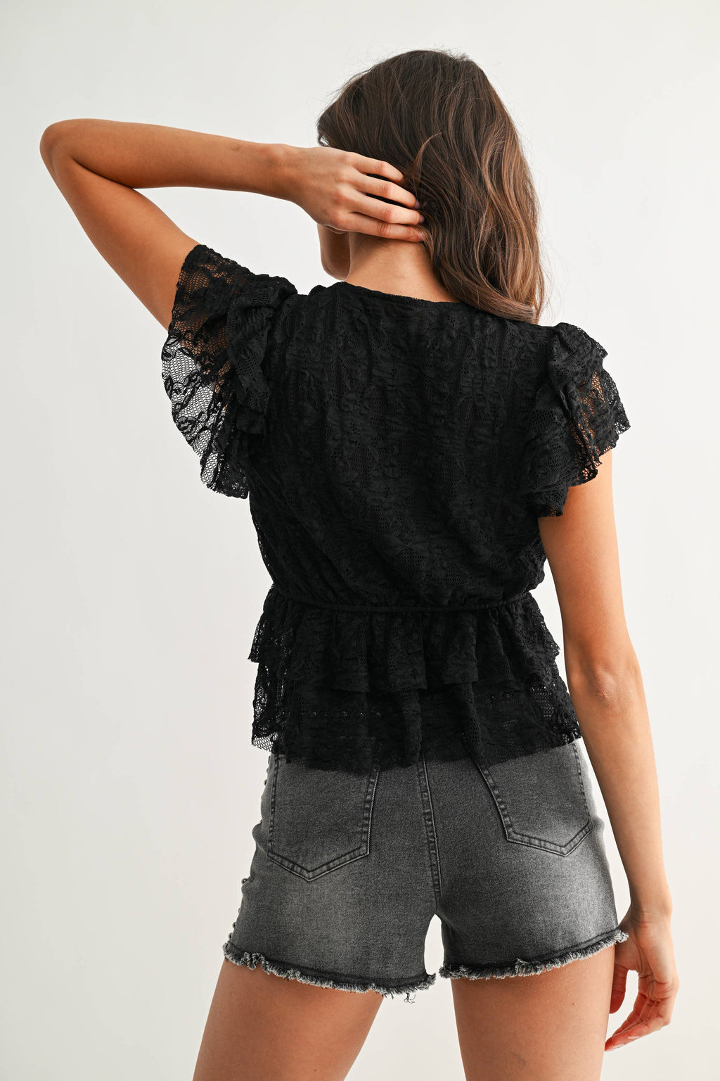 Black Lace Ruffled Semi-Sheer Blouse