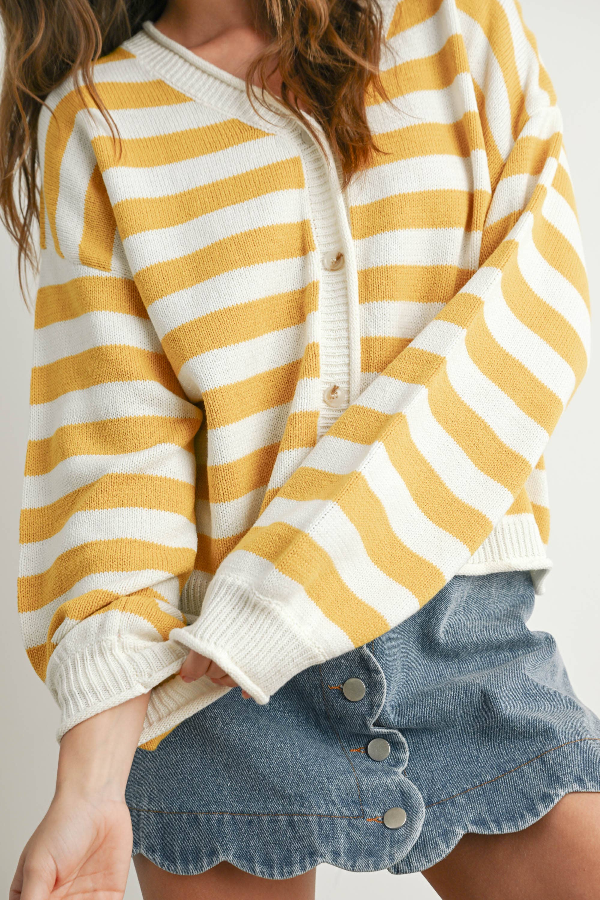 Button Front Stripped Sweater