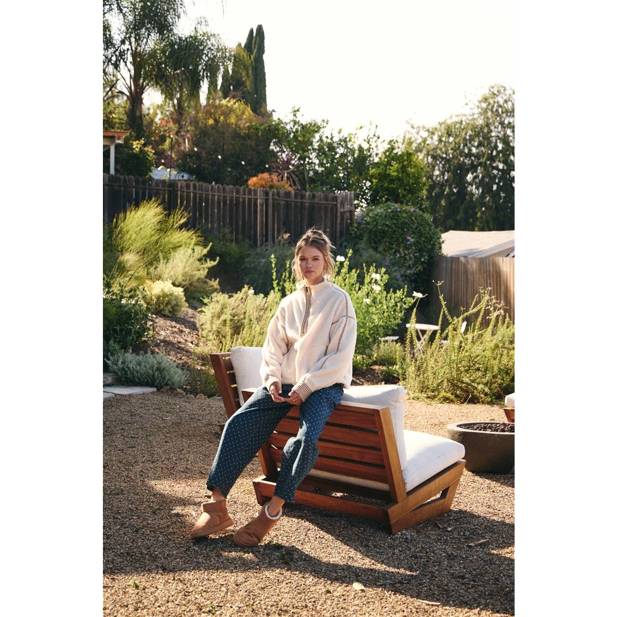 Cozy Cabin Gingham Trim Sherpa Fleece Half-Zip Pullover – Cream