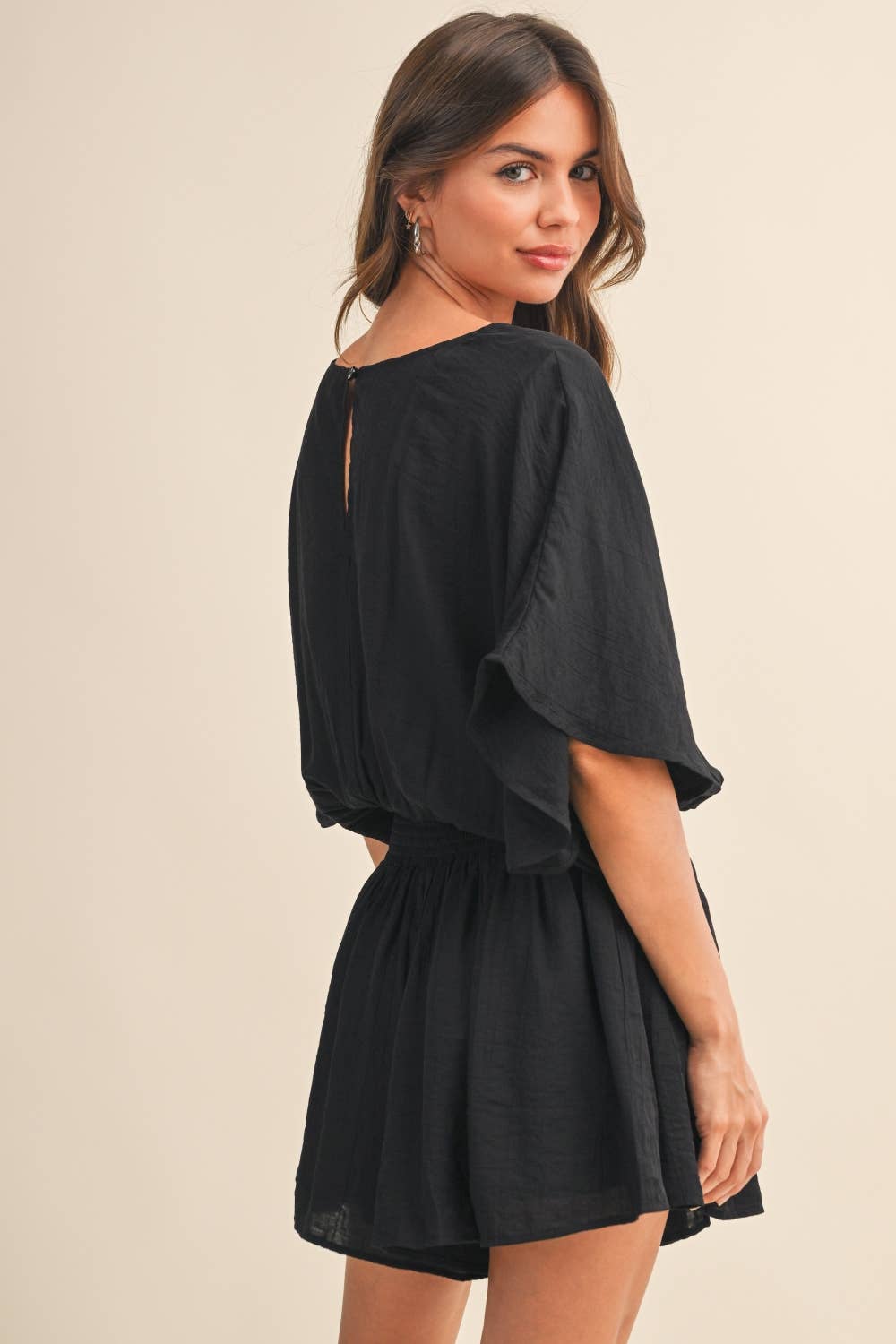 Black Crinkle Short Sleeve Romper