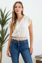 SCALLOP LACE TRIM BACK TIE SHORT SLEEVE CROP TOP