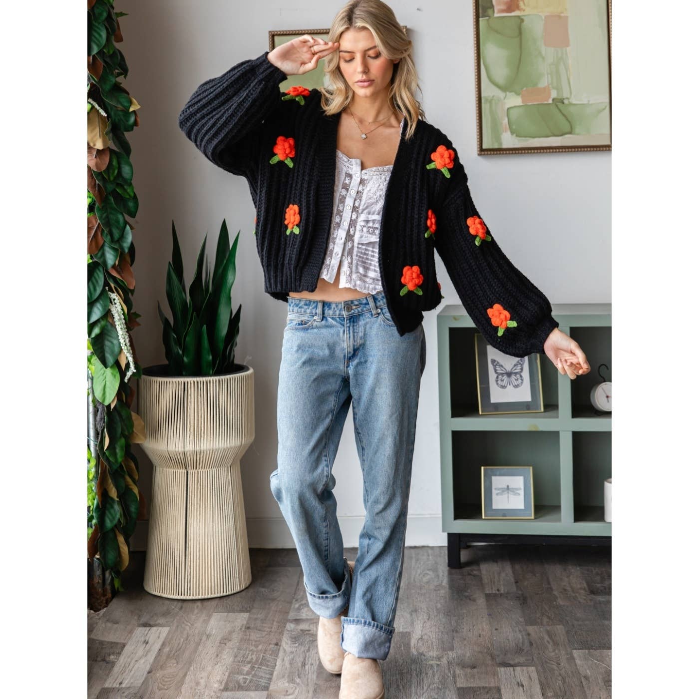 Flower Pom Pom Crop Cardigan