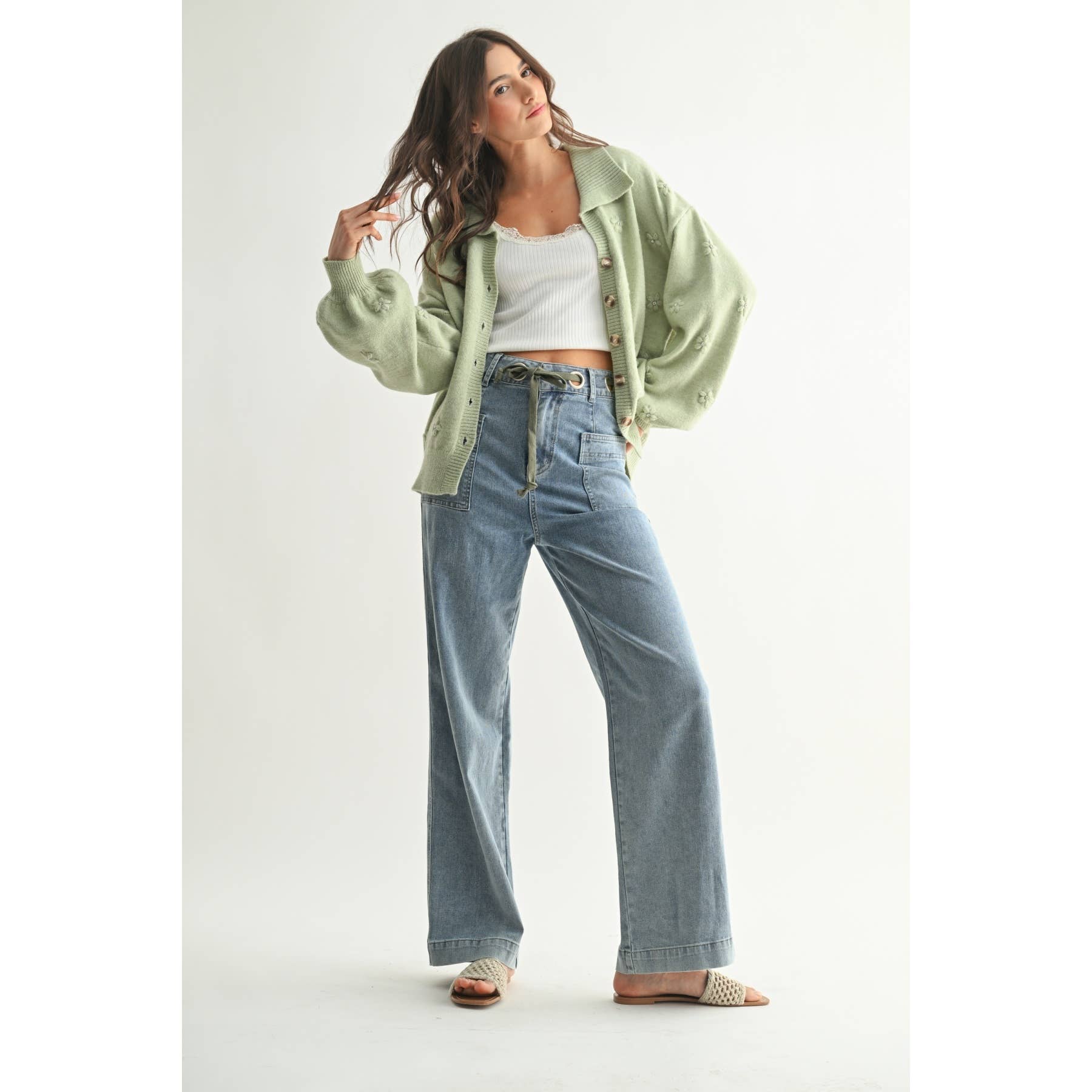 Pastel Cardigan with Floral Embellishments