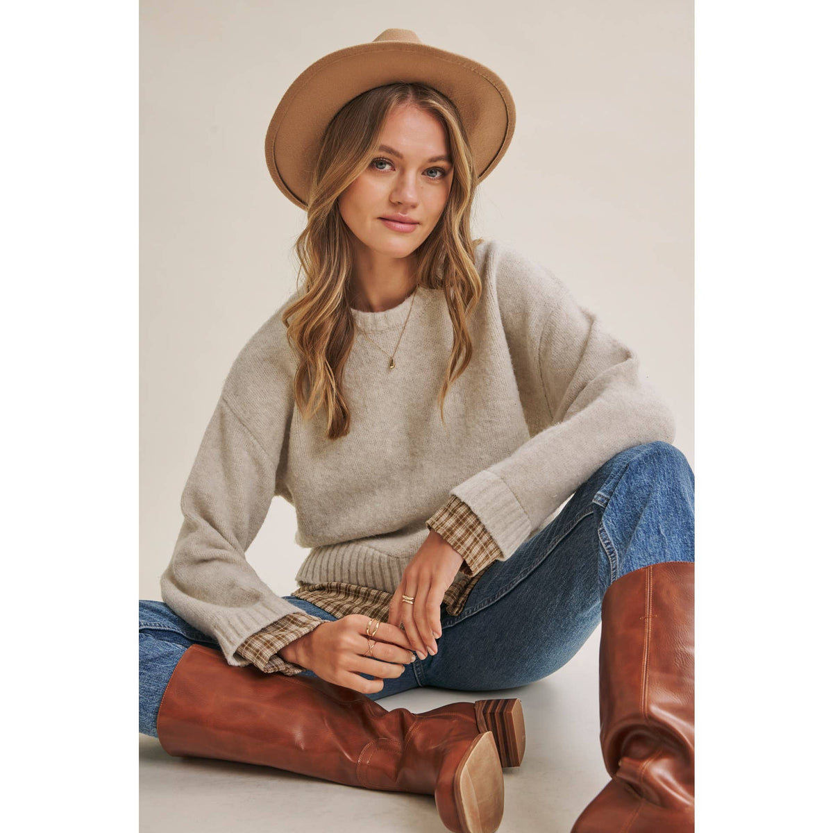 Country Road Layered Plaid Hem Twofer Sweater Top – Light Oatmeal
