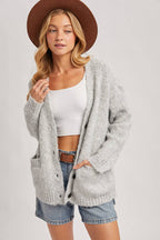 Button Down Fuzzy Heathered Knit Sweater Cardigan