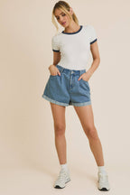 Round Neck Short Sleeve Contrast Detail Bodysuit – White/Navy