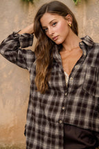 Plaid Collared Long Sleeve Button-Down Top – Chocolate Brown