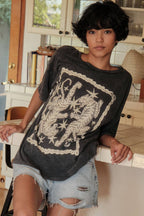 Tigers & Stars Vintage-Wash Oversized Graphic Tee – Charcoal