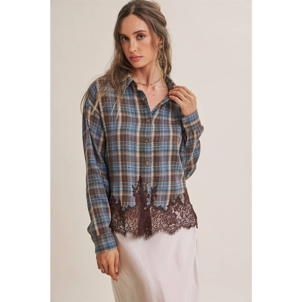 Plaid & Lace Hem Button-Down Shirt – Blue/Brown