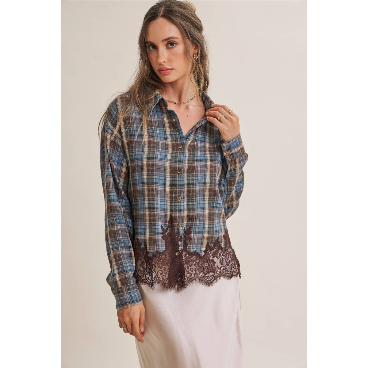 Plaid & Lace Hem Button-Down Shirt – Blue/Brown