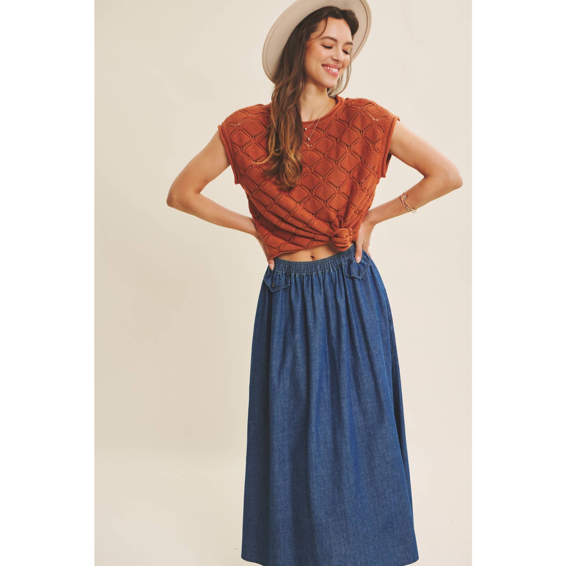 TIMELESS TEXTURED COTTON CABLE KNITTED SWEATER TOP