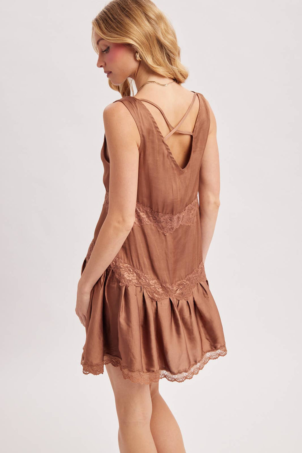 Satin Slip Babydoll Mini Dress – Lace Trim V-Neck