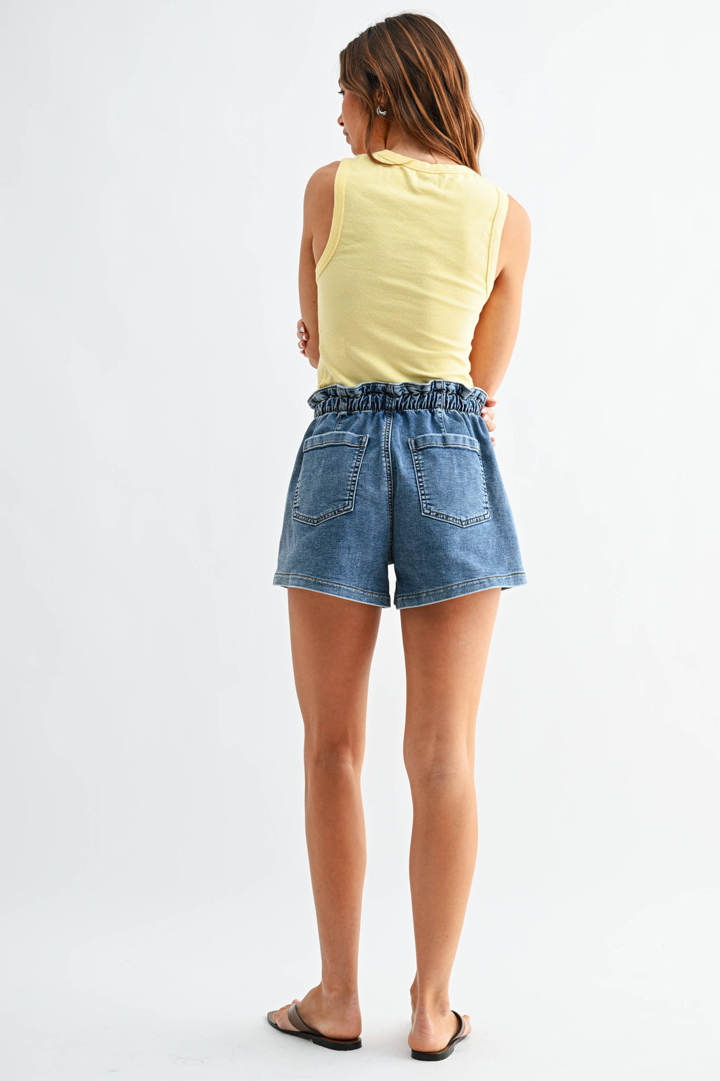 Pull-on shorts - close-up of elastic waistband and patch pocket