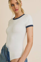 Round Neck Short Sleeve Contrast Detail Bodysuit – White/Navy