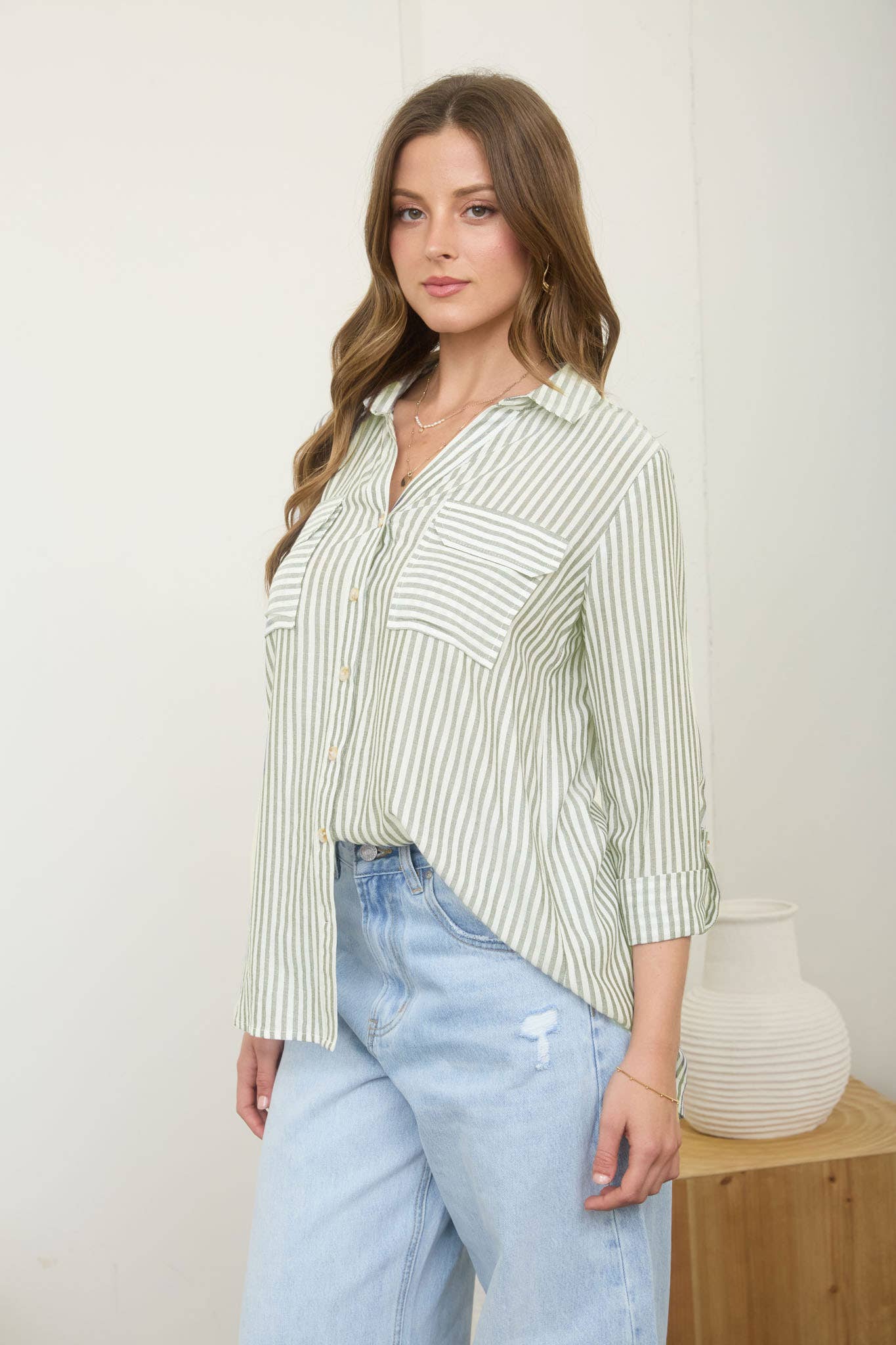 Stripe Collared Button-Down Lightweight Shirt (color options)