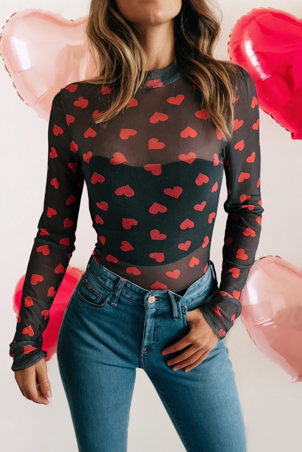 LDC Valentines Heart Mock Neck Sheer Mesh Long Sleeve Top