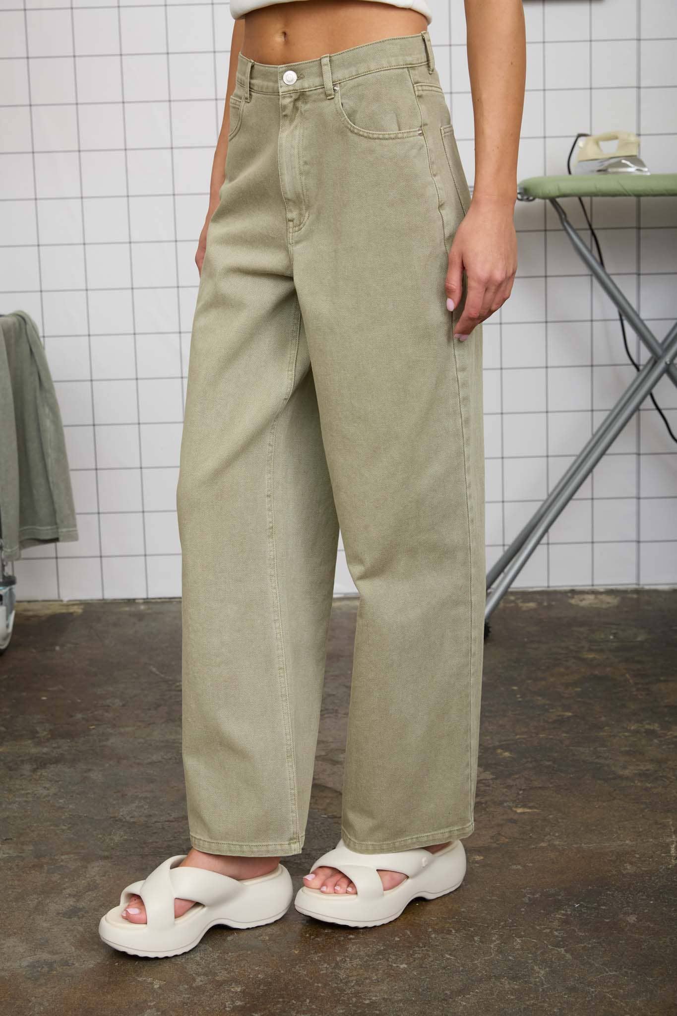 Washed Light Olive Wide Leg Jeans