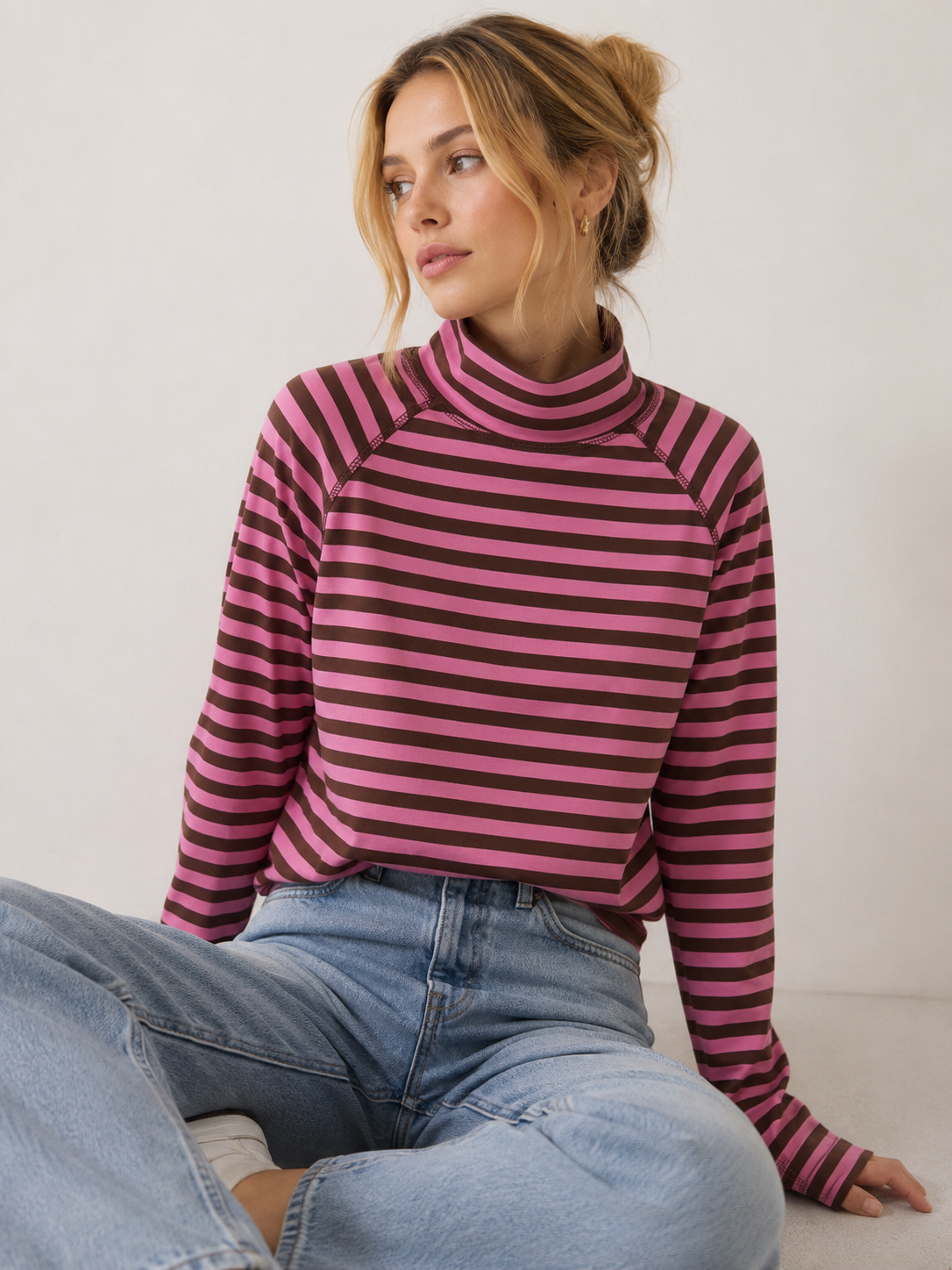 Oversized Striped Mock Neck Long Sleeve Tee