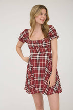 PLAID SHORT PUFF SLEEVE MINI DRESS