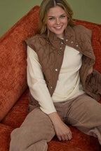 TIE DETAIL SNAP BUTTON DOWN QUILTED PUFFER VEST