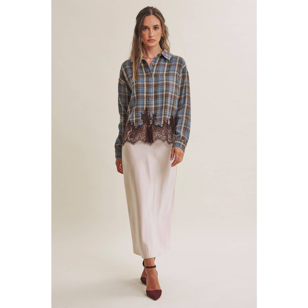 Plaid & Lace Hem Button-Down Shirt – Blue/Brown