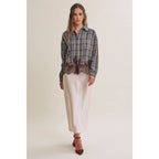 Plaid & Lace Hem Button-Down Shirt – Blue/Brown