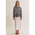 Plaid & Lace Hem Button-Down Shirt – Blue/Brown