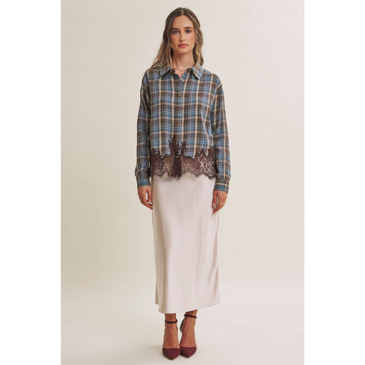 Plaid & Lace Hem Button-Down Shirt – Blue/Brown