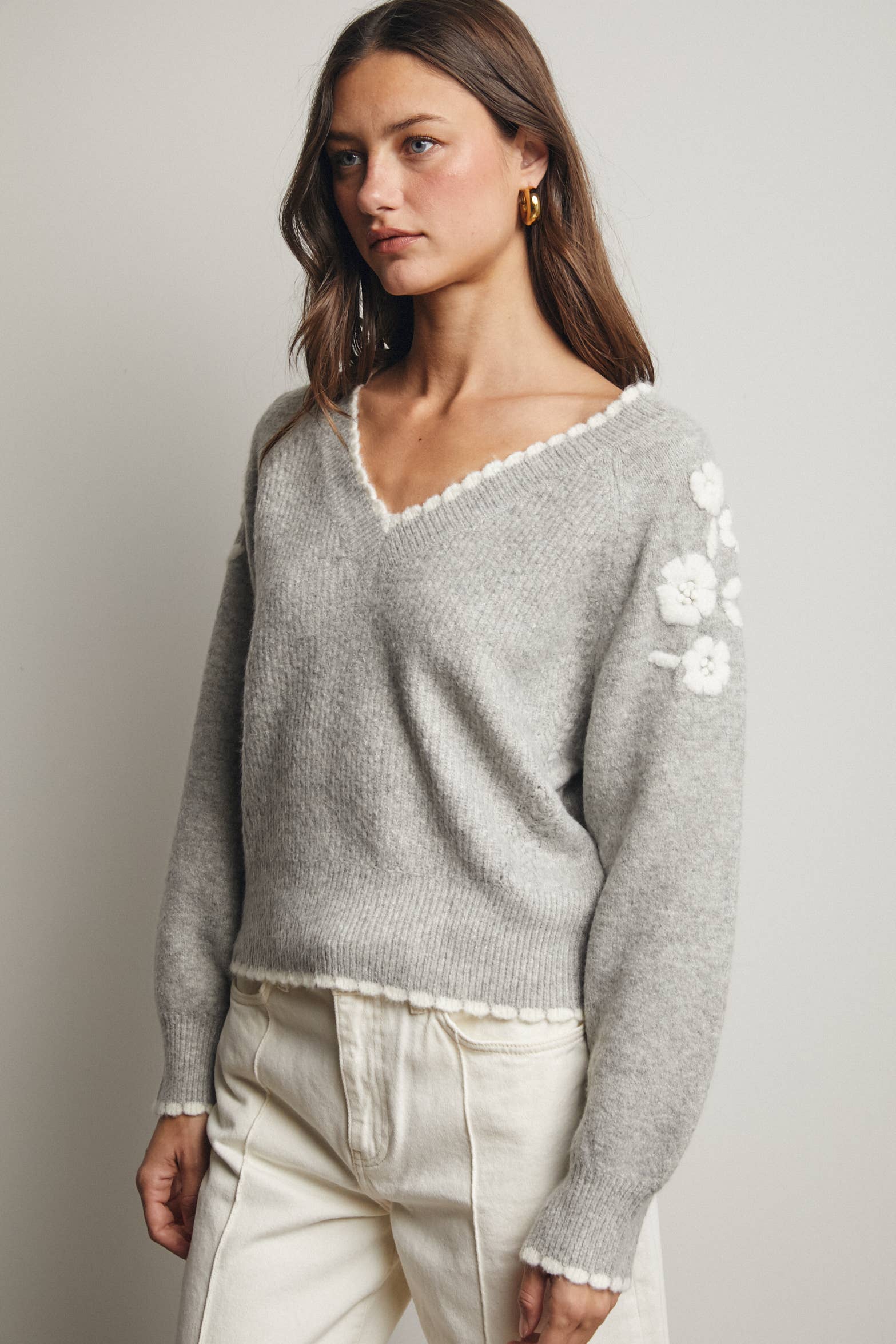 Floral Applique V-Neck Sweater