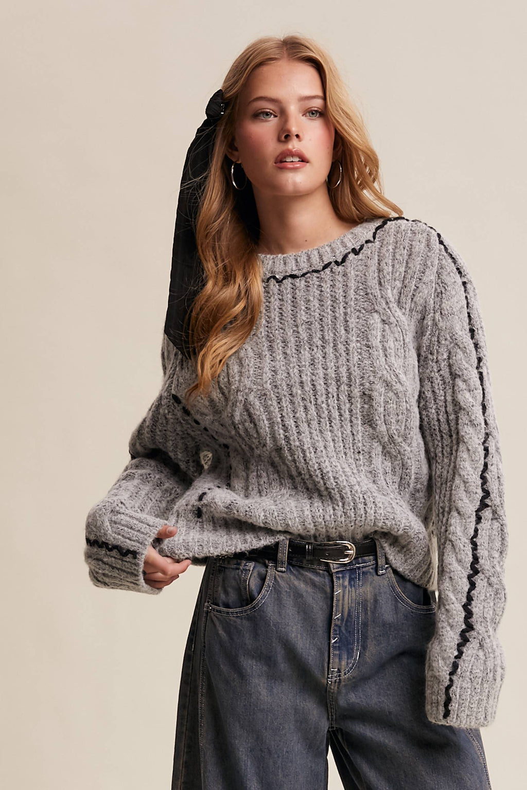 Contrast Stitch Cable Knit Sweater