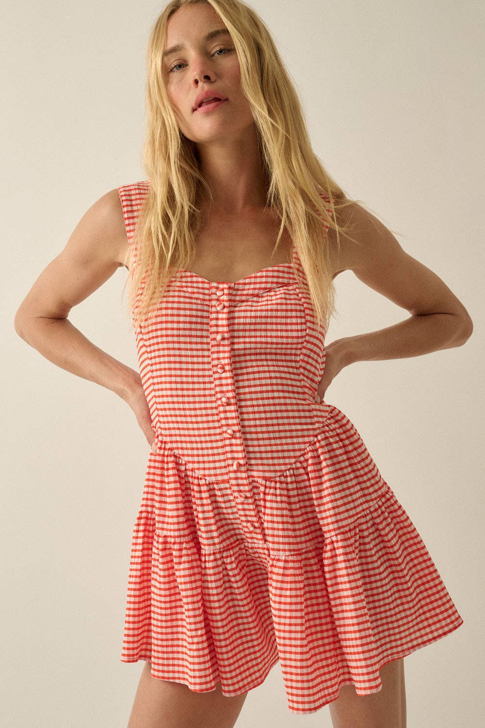 Red Orange Gingham Tiered Ruffle Romper